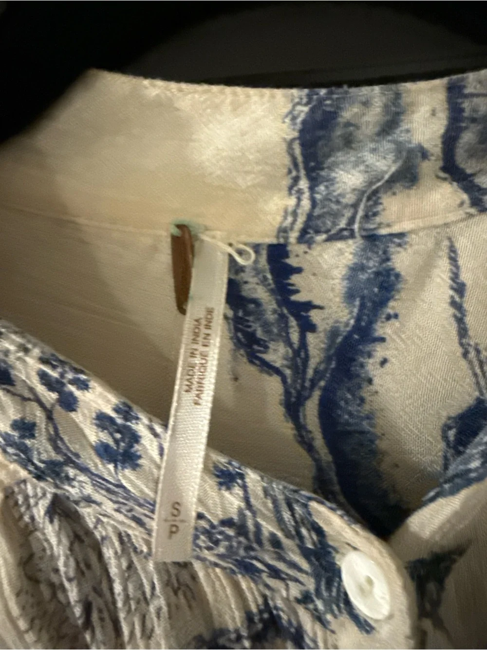 Free People Cream Blouse with Blue Toile Print